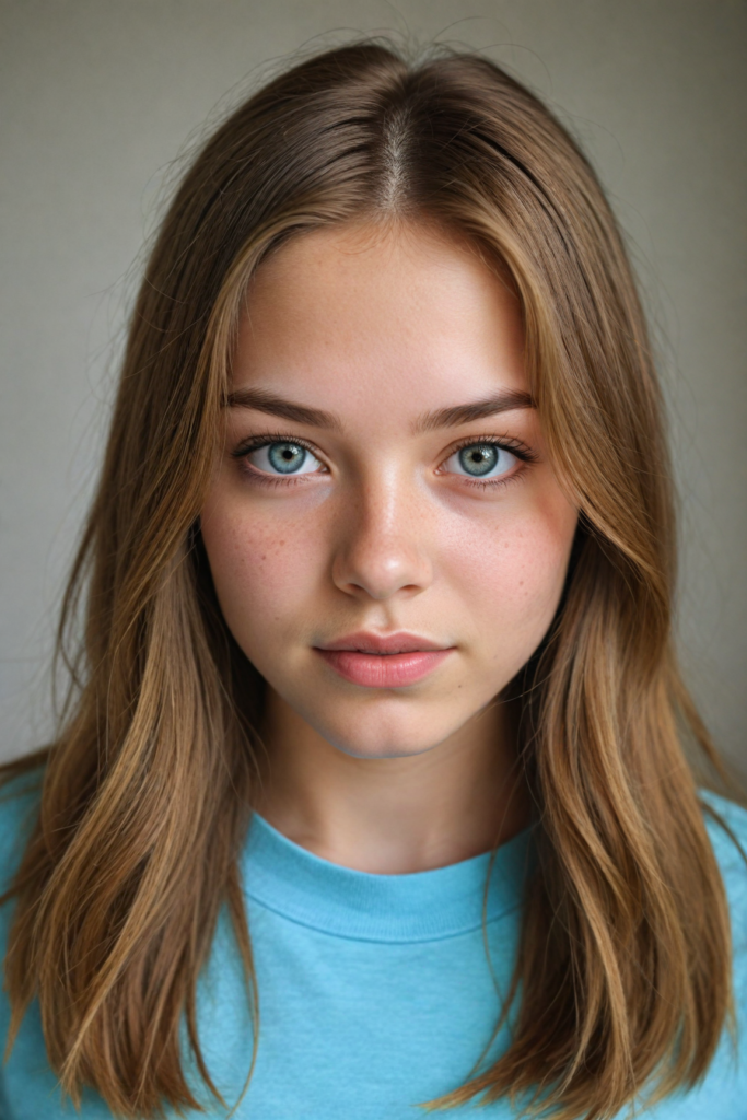 a very detailed and realistic portrait of a (cute teen girl), (long yet straight light brown hair), (realistic detailed brown eyes), (full kissable lips), (realistic detailed, light amber eyes), (face illuminated), perfect curved fit body, she wears a light blue t-shirt