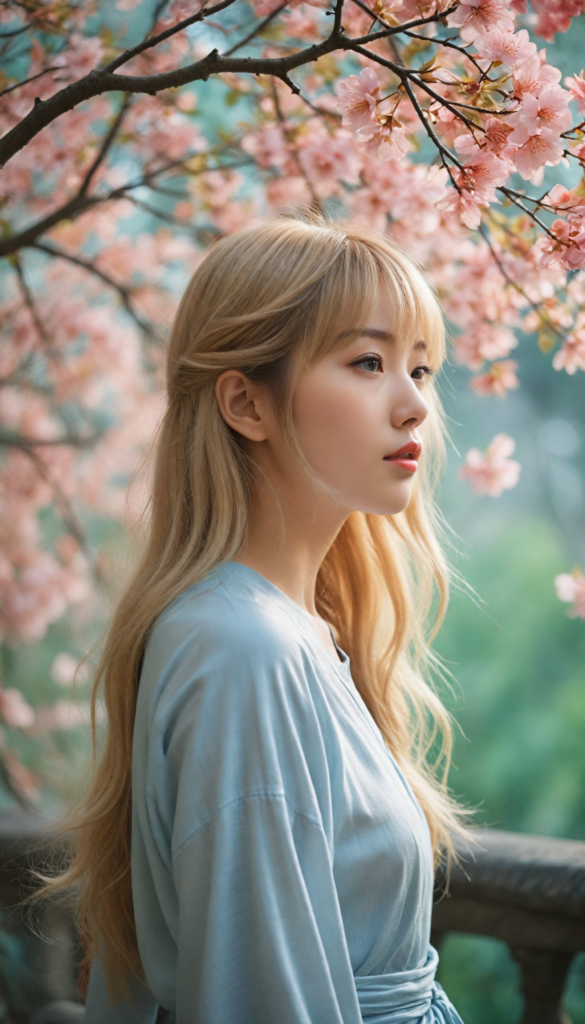 create a stunning and intricate side view portrait of a Japanese girl with flowing, silky blonde hair that cascades down her back. Her straight locks frame her round face, accented by delicate bangs. She gazes in astonishment, her light blue eyes wide and sparkling, with a hint of mischief, while her full red lips are slightly parted in surprise. Bathed in soft, ethereal light, the scene captures perfect shadows that play across her features, enhancing her natural beauty. She wears a black, softly draped t-shirt, adding a contemporary and elegant touch. In the background, a watercolor wash of pastel colors subtly blurs, echoing the serenity of a Japanese garden, with hints of cherry blossoms and vibrant greenery. The overall ambiance evokes a dreamy, whimsical atmosphere reminiscent of the works of Yoshitaka Amano, blended with the fluidity of Art Nouveau