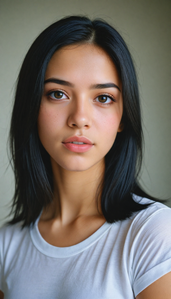 a beautifully realistic upper-body portrait, cinematic lights, from an Exotic teen girl, realistic detailed angelic round face, full lips, (realistic detailed eye) look at the camera, portrait shot, wears a short (white t-shirt), white background, side perspective, (cute), (elegant), (attractive), (long, straight soft ravenblack hair), (stunning) (gorgeous)