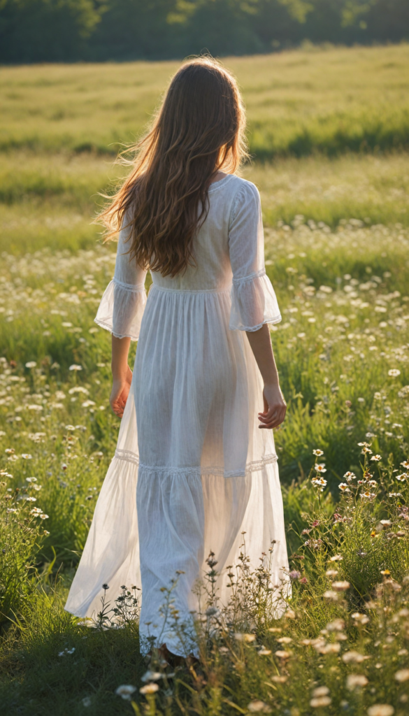 a young girl with soft long straight hair cascading down her back, stands in front of viewer in a sun-drenched meadow filled with wildflowers. The scene is infused with an ethereal glow, reminiscent of a dreamy impressionist painting. The girl wears a flowing white dress.