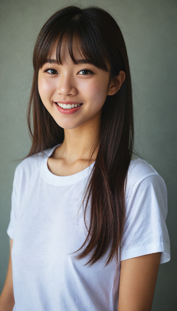 (portrait), detailed, (a young Korea girl), long straight soft detailed hair, Korean Style Bangs, realistic and detailed dark eyes, full lips, white t-shirt, smile, white teeth