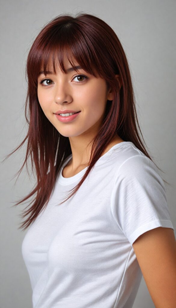 cute teen girl, detailed straight hair, styled bangs, white tight short t-shirt, perfect curved body, ultra realistic face, realistic amber eyes, detailed maroon straight hair, a stunning photo with beautiful saturation, ultra high resolution, deep shadow, (best quality, masterpiece), highly detailed, looking at viewer, warm smile, ultra realistic, side shot, white background, full body shot