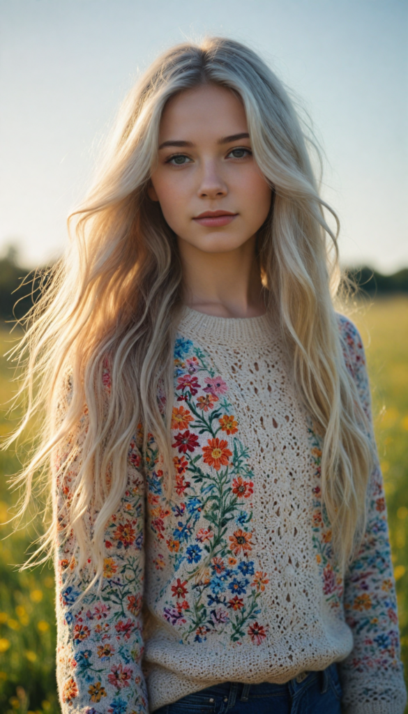 a whimsical young teen girl with long, flowing white hair, adorned in a luxurious, intricately knitted super fine wool sweater featuring vibrant patterns inspired by nature, standing in a sun-drenched meadow filled with colorful wildflowers, the sunlight casting a golden hue on her delicate features, hyper-realistic style reminiscent of a detailed portrait painting, capturing both the softness of the fabric and the shimmering quality of her hair.