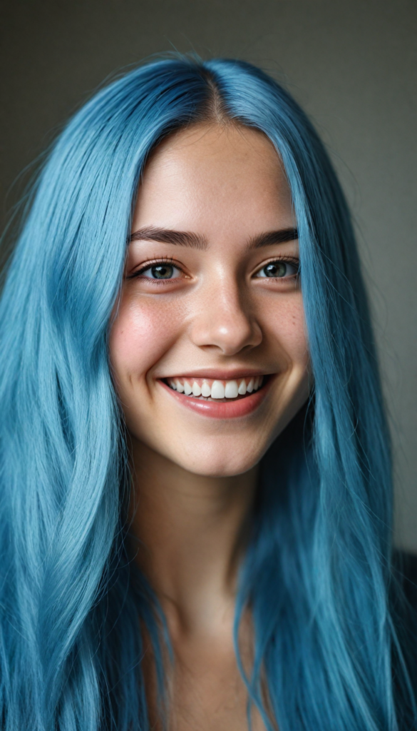 a detailed and super realistic portrait from a young stunning gorgeous girl with long, soft jet straight blue hair, smile, upper body