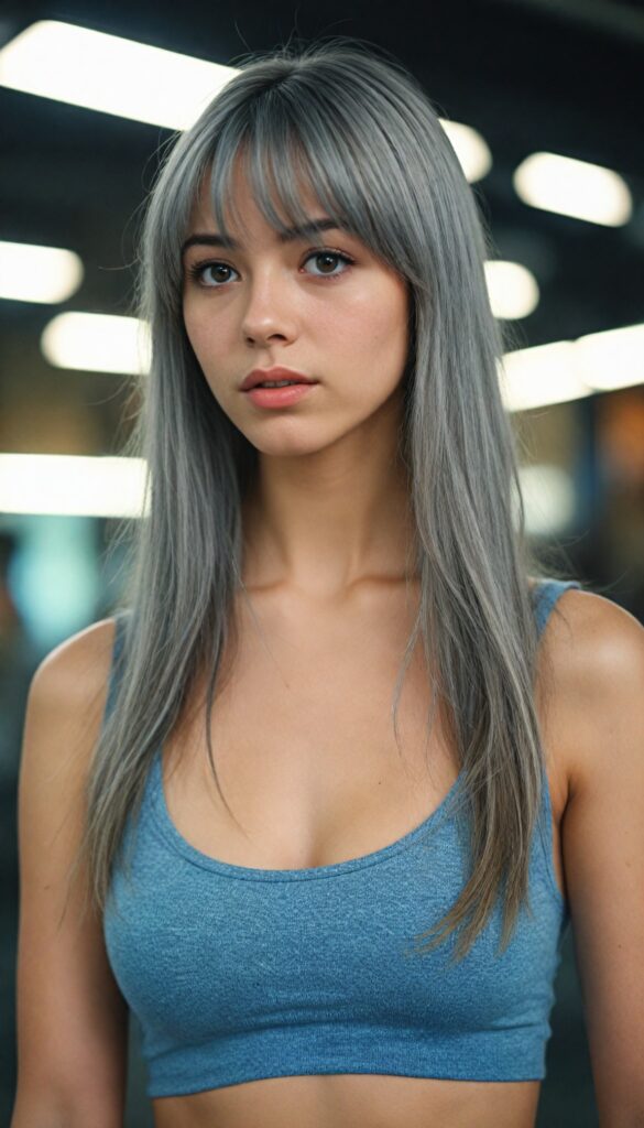 (portrait) of (cute) (elegant) (attractive) (long, straight grey hair) (stunning) a beautifully realistic, cinematic lights, teen girl, bangs cut, realistic detailed angelic round face, (realistic detailed hazelnut eye) looks sadly at the camera, portrait shot, perfect curved body, (wears a super short tight (tank top)), perfect anatomy, side perspective