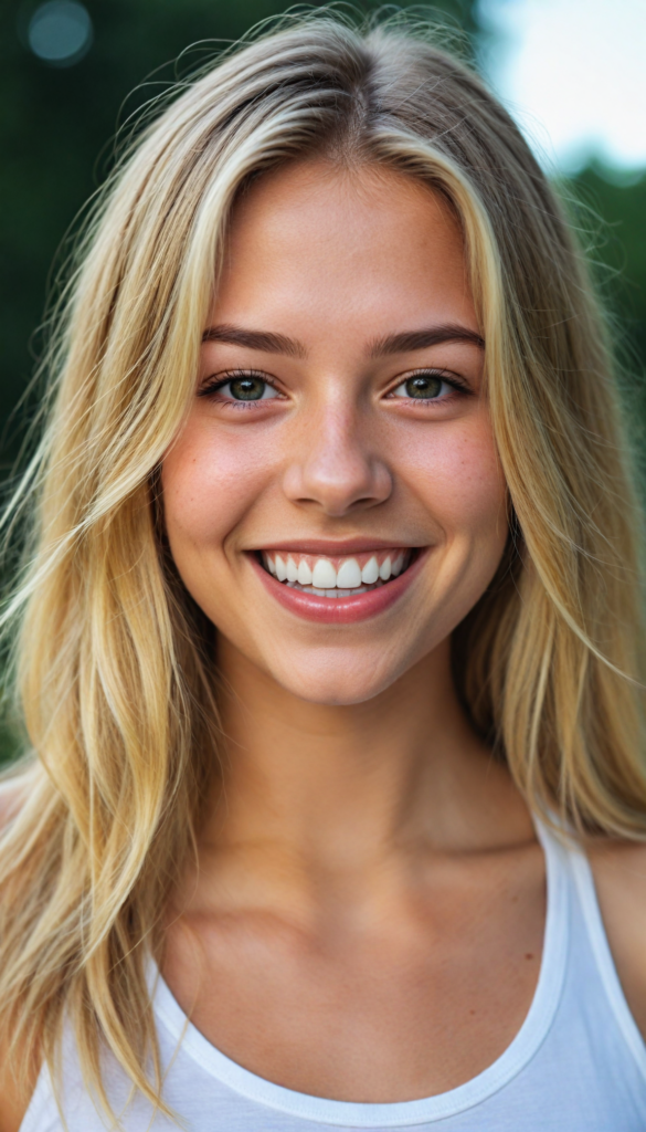 a beautifully detailed portrait, highlighting the upper body of a youthful girl with a flawless figure, dressed in a (low-cut crop top), smile very happy, white teeth, detailed round face, long straight summer blond hair