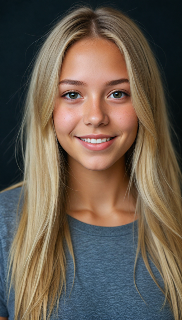 a stunning and gorgeous detailed, realistic portrait from a beautiful young happy tanned girl, long straight soft blonde hair, (grey crop top), black backdrop