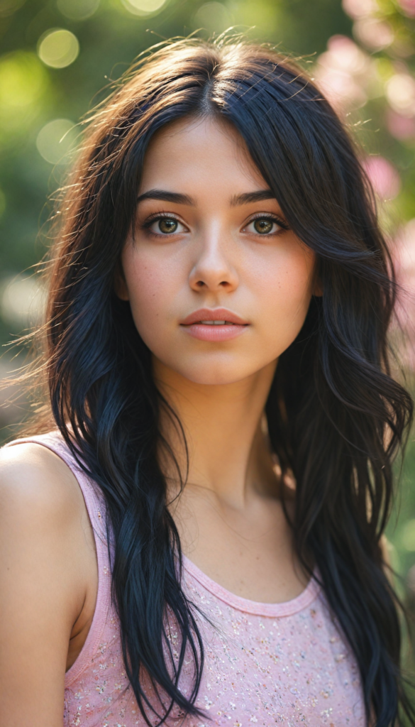 a hyper-realistic and intricately detailed portrait of a whimsical teen emo girl with flowing, soft black hair cascading in gentle waves, framing her face beautifully. Her striking amber eyes radiate warmth and depth, complemented by full, expressive lips. She wears a chic, no-pattern, form-fitting pink tank top that contrasts with the vibrant background, adorned with a dreamy blend of swirling pastel colors reminiscent of a sunset. Sunlight filters through an ethereal garden full of blooming flowers and soft bokeh effects, casting a warm glow that highlights the girl's delicate features and adds a magical quality to the scene.