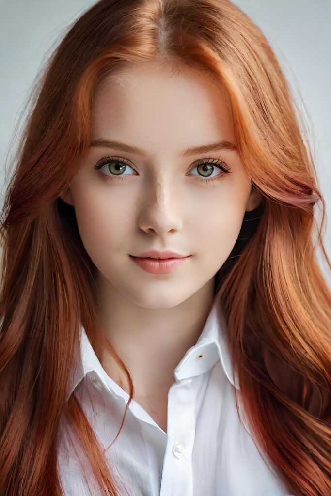 super realistic, detailed portrait, a beautiful young girl with long hair looks sweetly into the camera. She wears a white shirt.