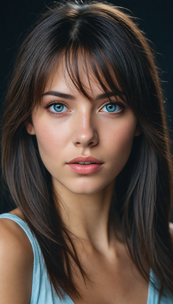 a young beautiful girl, (jet soft straight hair, bangs frame her face), (full natural lips), (mouth slightly open), (seductive look), glossy shiny tanned skin, (realistic shiny round light blue eyes), (angelic face), black background, (perfect shadows), (weak light falls into the picture from the side), (perfect curved body), she looks seductively at the viewer, (flawless skin), (side view) (ultra realistic photo) (stunning) (gorgeous) (4k) (upper body)