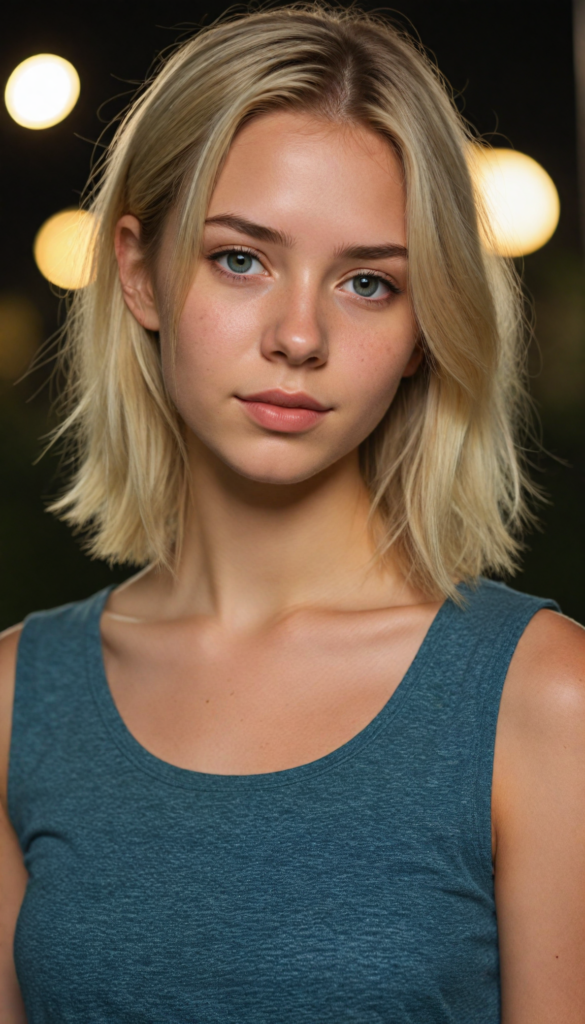 a beautiful (teen girl) with blonde hair, styled in a sleek, short-cropped top, (vividly realistic photo), set against a dimly lit environment that softly highlights her features