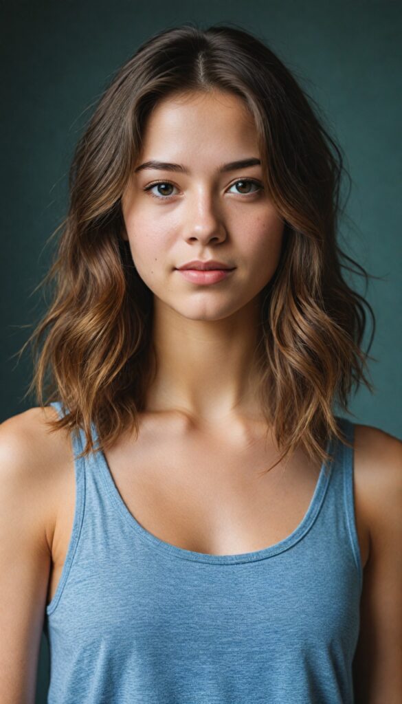 visualize a (tomboy teen girl) with long, (realistically detailed hair), posed in a (cinematic light setup) for a portrait shot, her face radiant with joy, featuring a (flawlessly detailed round face), a (short form-fitting cropped plain tank top), which beautifully showcases her perfect physique, with (realistic details), such as a (curvy yet toned silhouette), all against an (empty, high-key backdrop)