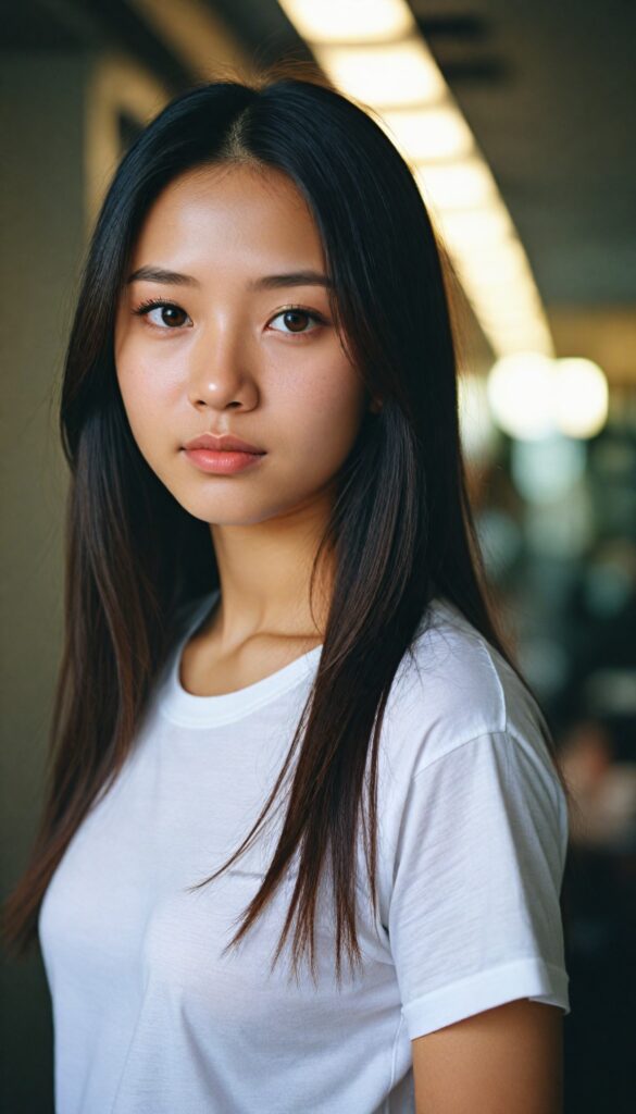 a portrait of (cute) (elegant) (attractive) (long, straight hair) (stunning) a beautifully realistic, cinematic lights, Asian teen girl, realistic detailed angelic round face, (realistic detailed eye) looks sadly at the camera, perfect curved body, (wears a super short tight (white t-shirt) made on thin silk), perfect anatomy, side perspective