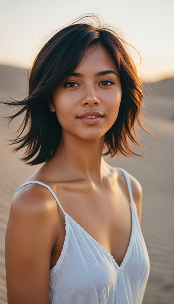 a captivating upper-body portrait of a brown-skinned young woman with an elegant, curvaceous silhouette, her softly cascading straight black hair framing her face with delicate side bangs. Her full lips are slightly parted in a serene smile, accentuating her youthful exuberance. She dons a flowing, ethereal white tank top that billows gently in the warm desert breeze, contrasting beautifully with the sun-kissed tones of her skin. The backdrop features an endless expanse of golden sand dunes, with the soft hues of a sunset painting the sky in shades of pink and orange, while delicate desert flowers peek through the sand, adding a touch of vibrancy to the tranquil scene. The overall atmosphere radiates warmth and calm, evoking a sense of beauty and freedom.