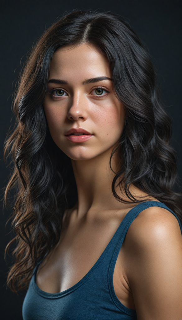 a (super realistic and highly detailed full-body photo), capturing a (beautiful and innocent Caucasian girl) with (very long, thick, wavy black hair), and (a short, cropped tank top), she stands in a (dark, gloomy setting) with (volumetric lighting) that brings out her (natural features) and (beautiful eyes), set against a (plain, dark backdrop) that focuses on her face, with (black hair) (perfect, accurate anatomy) and (high quality, high detail) that make her a (super-realistic, 3D character)