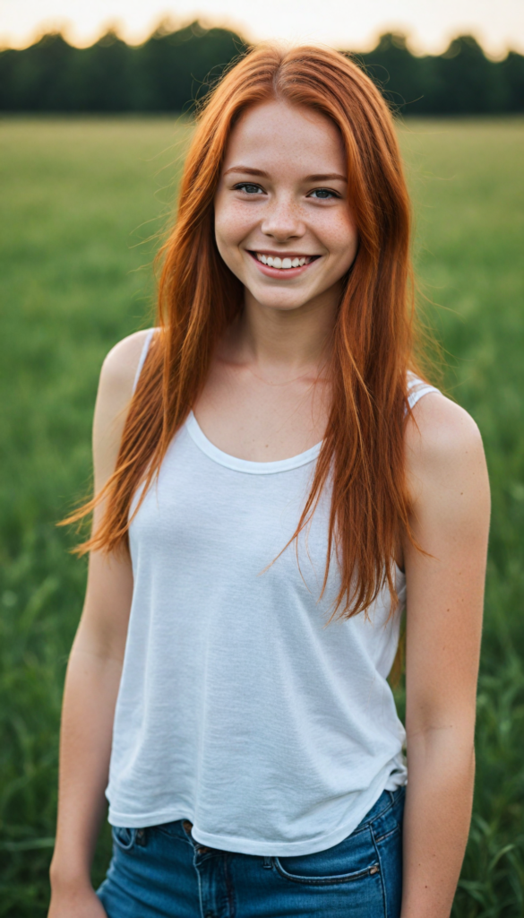 a (cute little red-haired teen girl), straight long hair, smile very happy, stands confidently in a field, she wears a thin tank top, perfect body (perfect portrait)