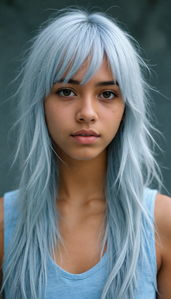 a beautifully drawn (brown-skinned teen emo girl) with flowing, softly waving (straight white hair) framing her face in side bangs and highlighted by a contrasting light blue complexion, expressing a poignant feeling of melancholy and emotional detachment, set against a softly grey (backdrop)