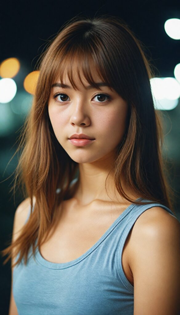 (portrait) of (cute) (elegant) (attractive) (long, straight hazelnut hair) (stunning) a beautifully realistic, cinematic lights, Japanese teen girl, bangs cut, realistic detailed angelic round face, (realistic detailed hazelnut eye) looks sadly at the camera, portrait shot, perfect curved body, (wears a super short tight (tank top)), perfect anatomy, side perspective