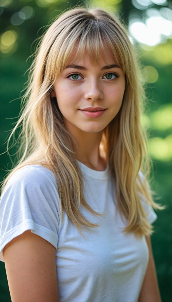 a detailed and realistic photo from a (cute) Europe teen girl (long, straight light blond hair, bangs), (stunning), (gorgeous), beautifully realistic, cinematic lights, realistic detailed angelic round face, (realistic detailed amber eye) looks happy at the camera, perfect curved body, (wears a super short tight (white t-shirt)), perfect anatomy, side perspective, against a sunny green backdrop