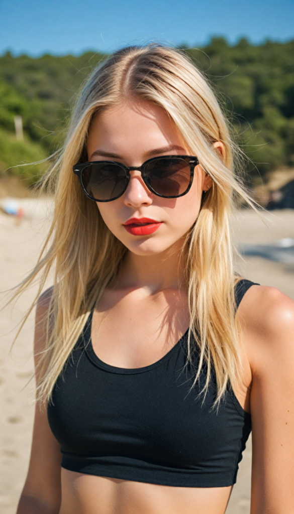 a cute young teenage girl with long straight blond hair wears sunglasses. She has full, red lips and wears a black, tight tank top which perfectly emphasizes her perfect body, accentuating her (navel) and (soft, youthful thighs) all against a sunny beach backdrop