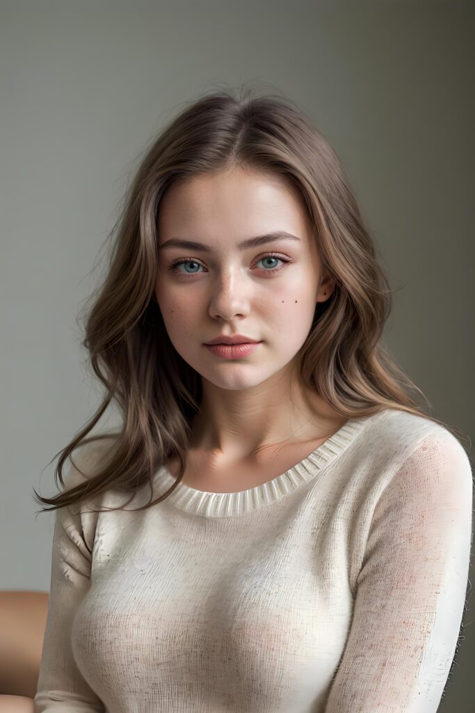 super realistic, detailed, ((gorgeous)) ((stunning)) cute young breasted girl, full portrait, 18 years old, thin wool sweater