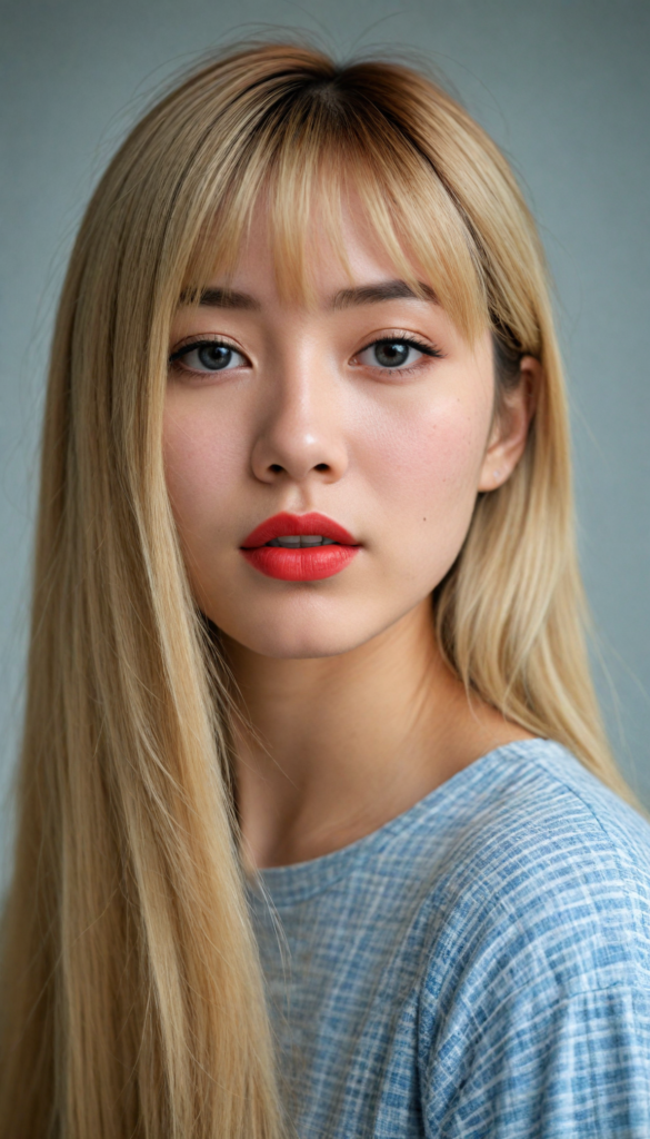 create a detailed and masterpice of (side view) portrait: a Japanese girl, long blond soft straight hair, bangs, she looks astonished and her mouth is slightly open, (her eyes are light blue) (full red lips) (round face) perfect shadows and light