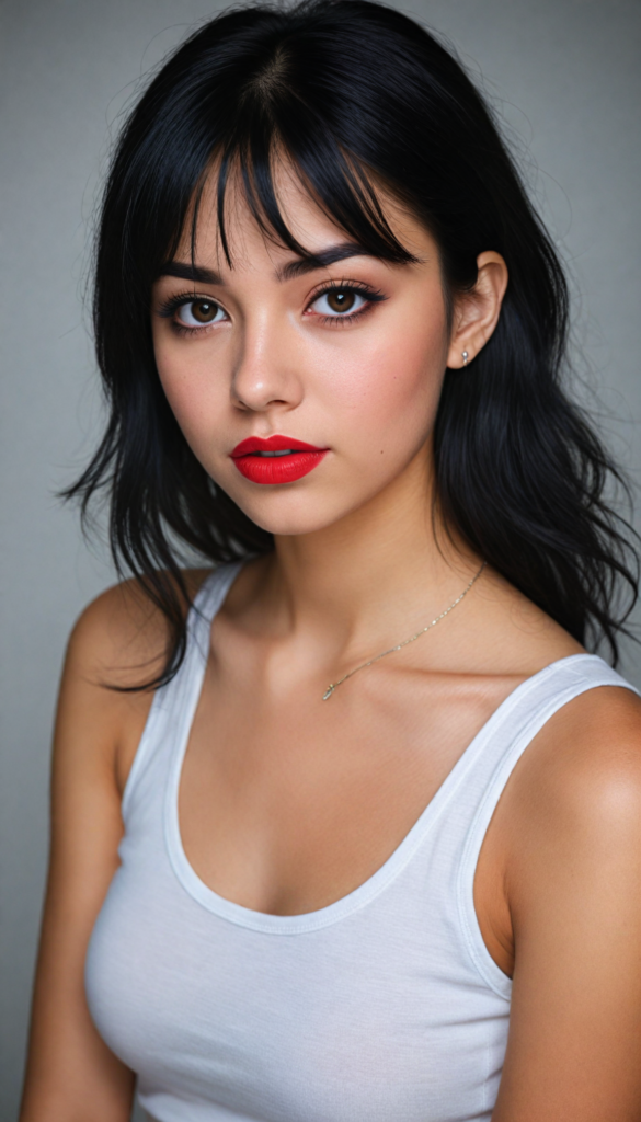 detailed and realistic photo from an innocent (young teen girl), straight black hair, (round face), black eyeliner, dark eyes, red lips, looks seductive, (black cropped tank top), (white background), front view