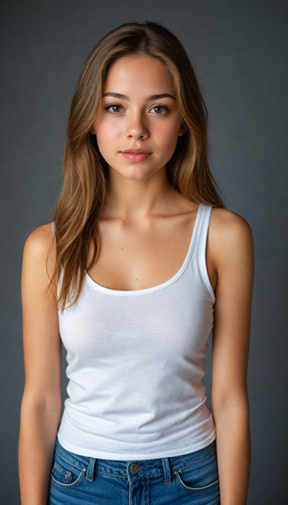 a very detailed and realistic portrait of a (cute teen girl), (long yet straight light brown hair), (realistic detailed brown eyes), (full kissable lips), (realistic detailed, light amber eyes), (face illuminated), (wearing a very low cut (white tank top) made on fine wool), perfect curved fit body