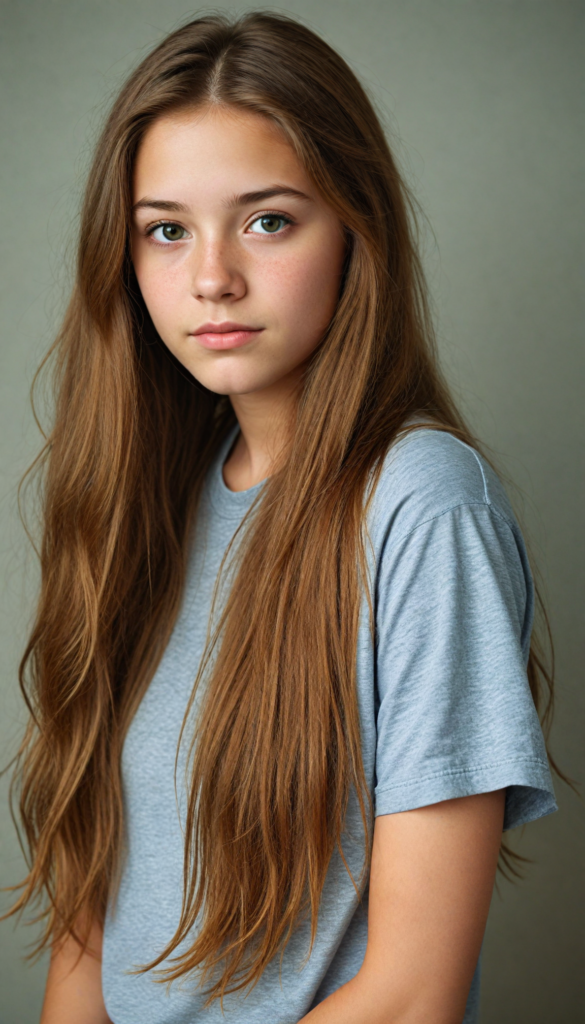 a cute detailed and realistic teen girl, detailed long brown-gold full hair, full portrait, grey t-shirt, (gorgeous) (stunning) (model)