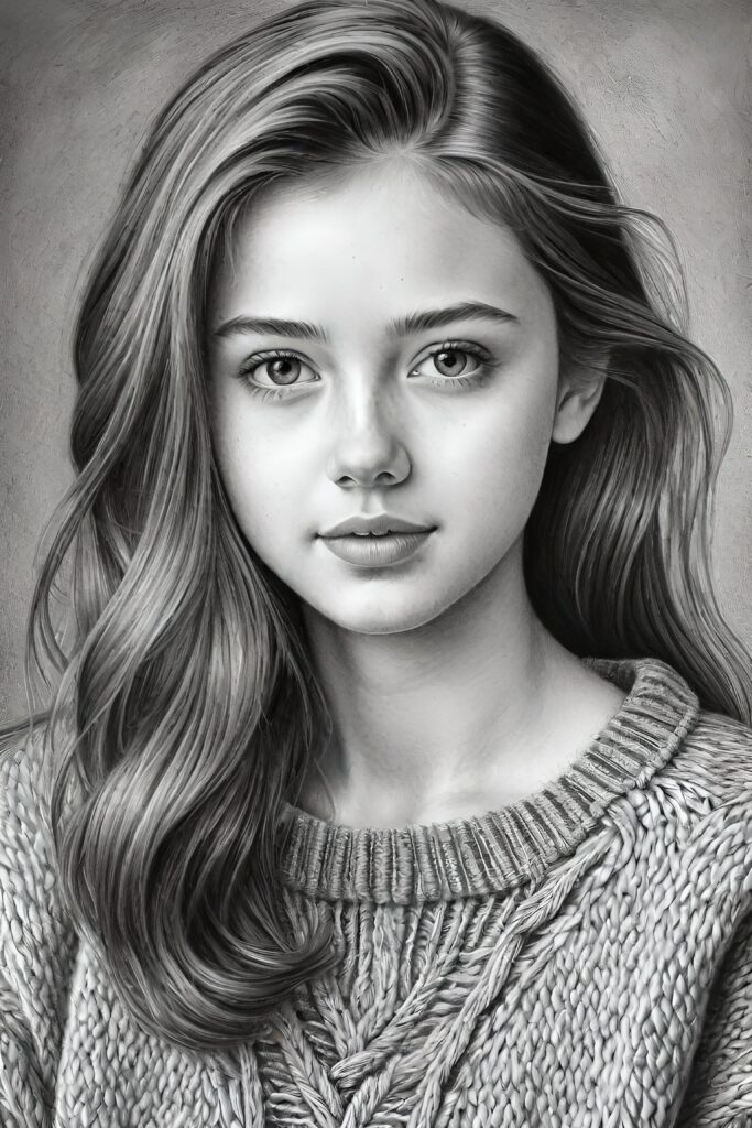 super realistic, detailed, ((gorgeous)) ((stunning)) cute young breasted girl, full portrait, 18 years old, pencil drawing, thin wool sweater