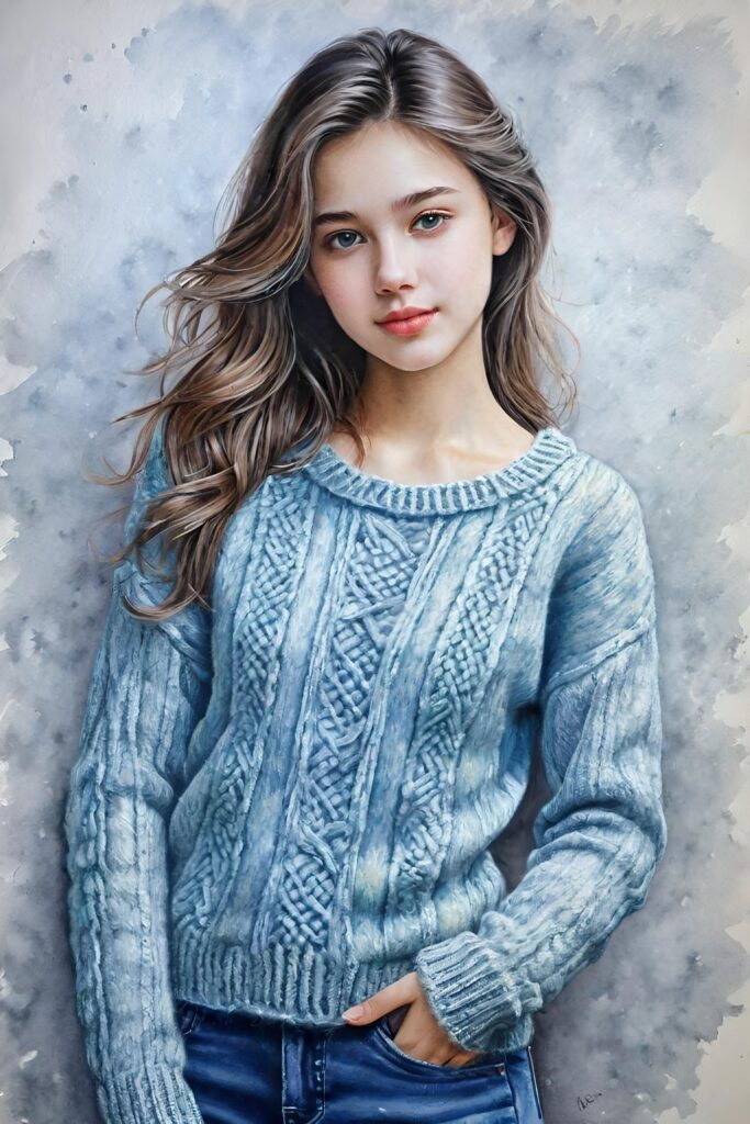 super realistic, detailed, ((gorgeous)) ((stunning)) cute young breasted girl, full portrait, 18 years old, wathercolor drawing, thin wool sweater