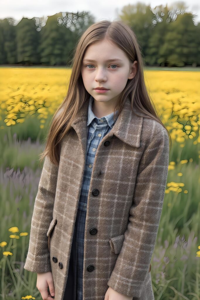 a detailed perfect portrait with pastel colors, young girl, 13 years old, stands in a flower meadow. She wears a ((checkered coat in brown and grey)) and black shirt, she look at the viewer, detailed shiny straight brown hair, blue eyes, round detailed face