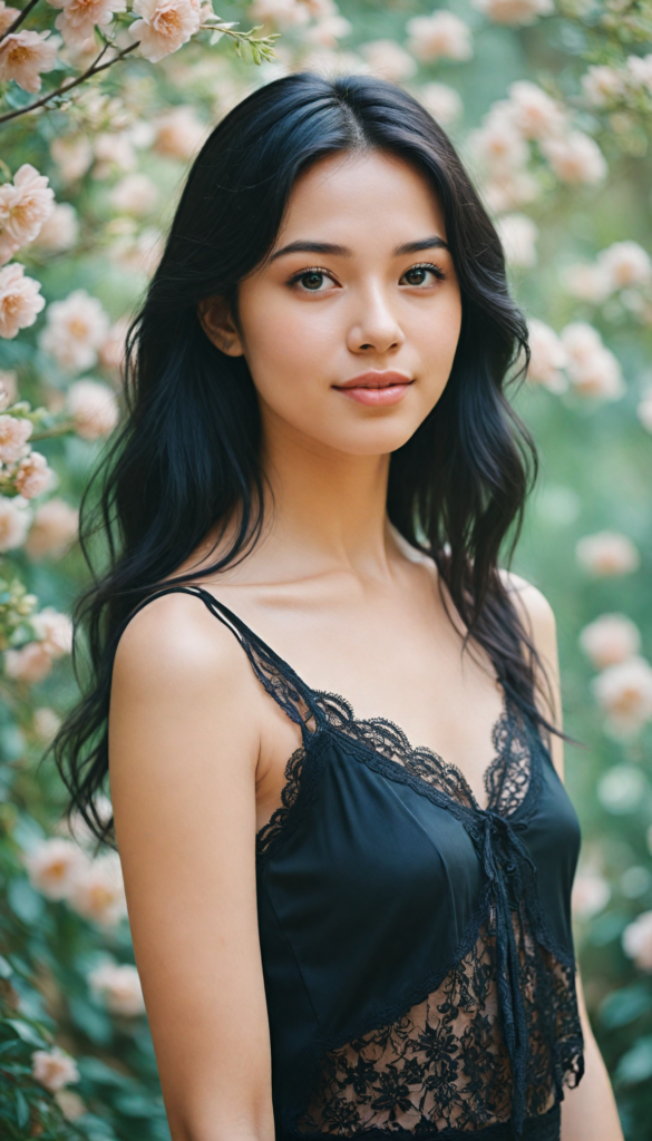 a young girl with an air of whimsy, sporting a playful cropped black tank top adorned with delicate lace edges, her silky, straight long black hair cascading like a waterfall, a round face radiating youthful charm, her full, kissable lips curved into a mischievous smile, sparkling round eyes that shimmer like stars, flawless skin glowing with a soft luminescence, surrounded by a dreamy, ethereal background of pastel colors and whimsical floral accents, reminiscent of a modern fairy tale illustration.