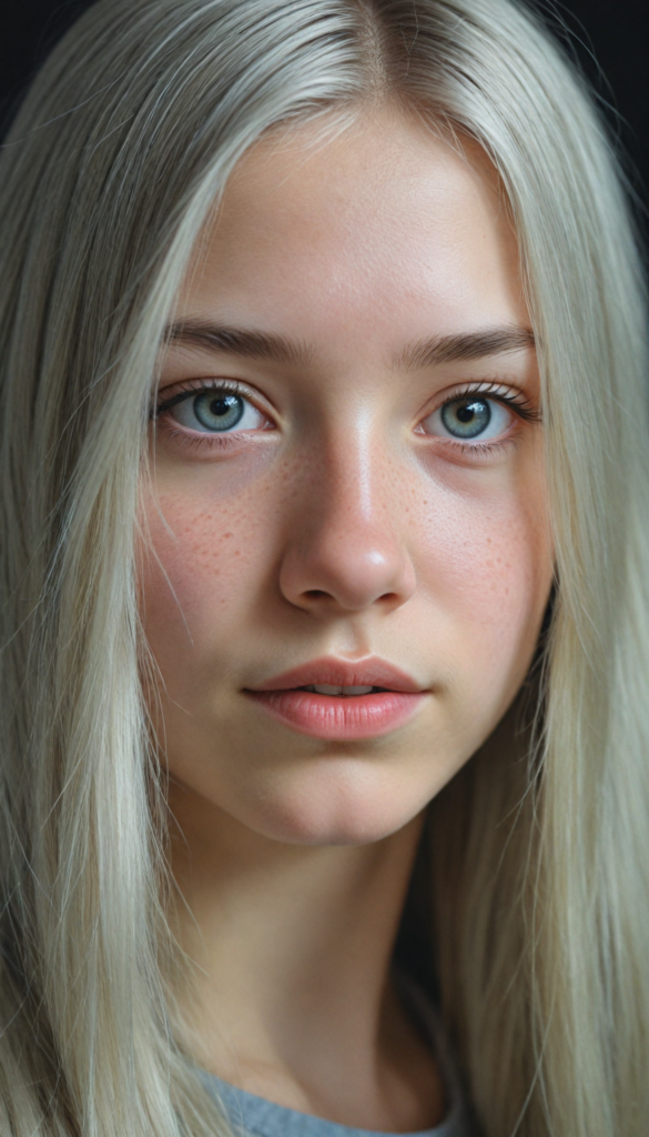 (portrait), detailed pencil drawing, silvery-skinned (young teen girl), long straight platinum hair