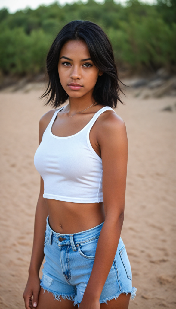 a beautifully upper body portrait (dark-skinned young busty teen girl) with softly (straight black hair), full lips, (full body), she wears a white short crop tank top, perfect curved body, in a dessert