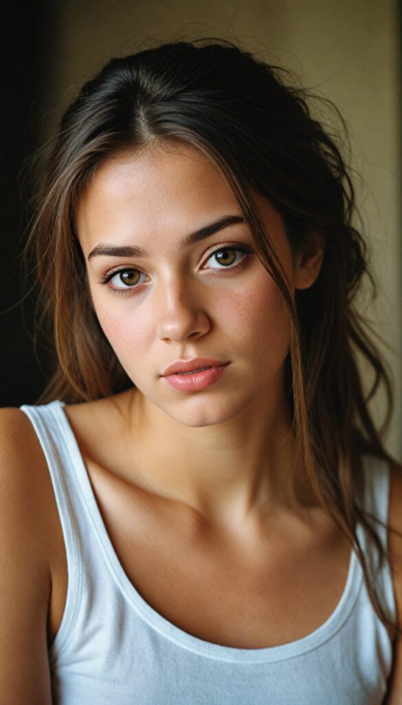 a very detailed and realistic portrait of a (cute teen girl), (long yet straight cooper-brown hair)), (realistic detailed (brown eyes), (full kissable lips), (realistic detailed, light amber eyes), (face illuminated), wearing a very low cut ((white tank top made on fine wool)), perfect curved fit body