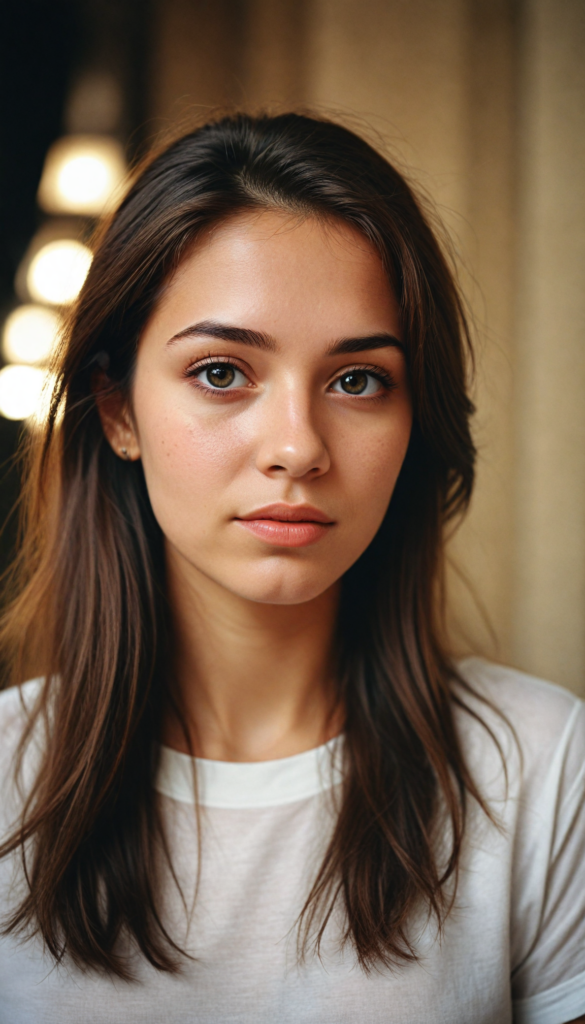 a beautifully realistic portrait, cinematic lights, Exotic teen girl, realistic detailed angelic round face, (realistic detailed eye) look at the camera, portrait shot, (wears a short (white t-shirt), white background, side perspective, (cute), (elegant), (attractive), (long, straight soft brown hair), (stunning)