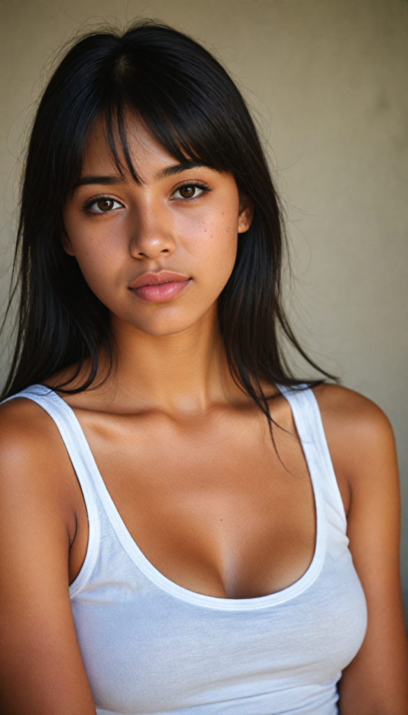 a beautifully upper-body portrait (brown-skinned young well busty teen girl) with softly (straight black hair) framing her face in side bangs, full lips, she wears a white tank top, perfect curved body, in a dessert