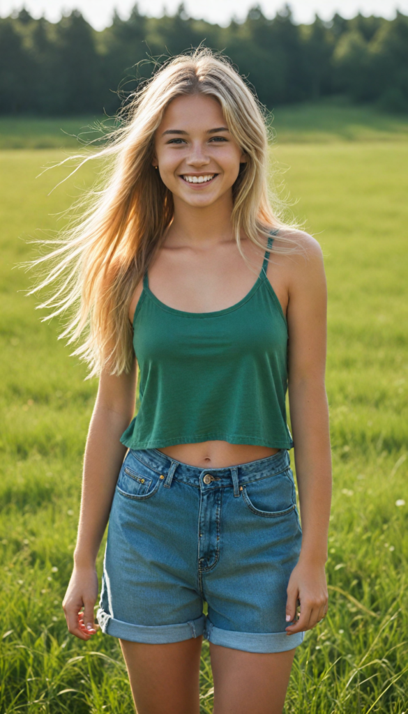 a beautiful, sweet teen girl stands on a green meadow, smile very happy, long messy flowing summer blonde hair, (short spandex crop top), sunny background