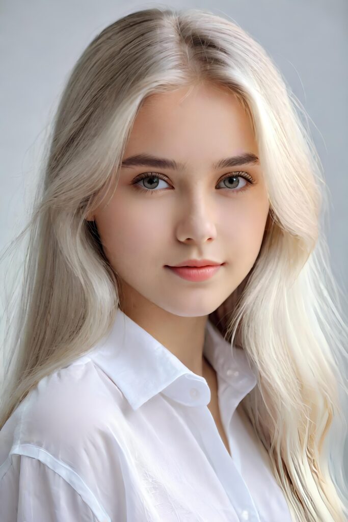 super realistic, detailed portrait, a beautiful young girl with long hair looks sweetly into the camera. She wears a white shirt.