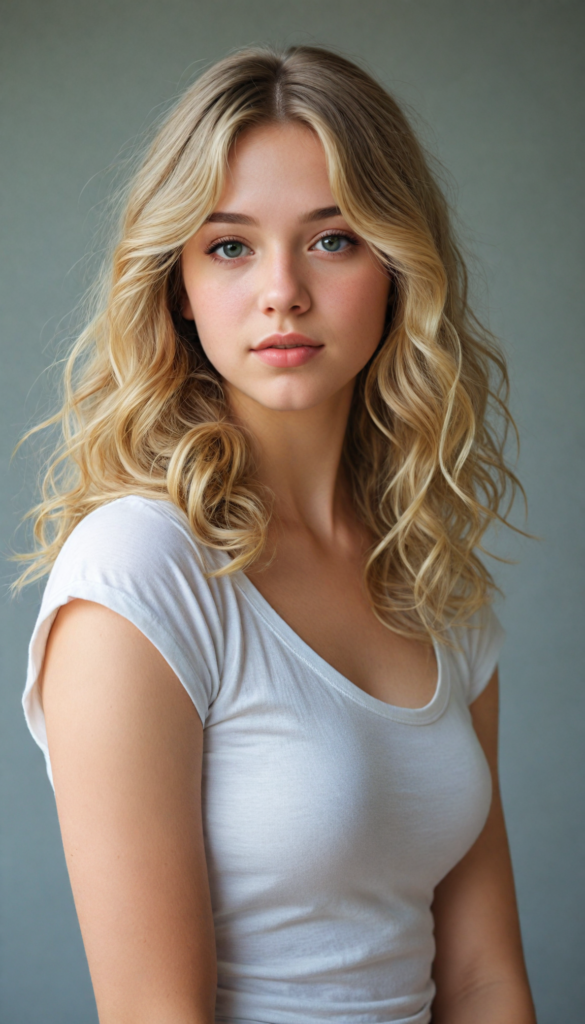 a (beautifully drawn full body portrait) of a (young teen girl with long, jet straight summer blond hair), capturing a (stunningly realistic) curl pattern, advanced facial features that exude cuteness, like (baby-doll eyes), a cropped bang haircut that frames her face, hair color that mimics (hazelnut) tones, a detailed yet angelic complexion, looking directly into the camera, a (side profile portraits), with impeccably drawn curves and contours that match her figure, against a (softly contrasting white backdrop), a short, sleeveless top and super short, cuffed pants that accentuate her (flawless anatomical proportions)