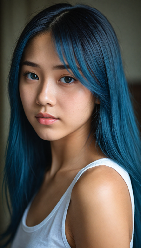 super realistic, detailed portrait, a beautiful young Asian girl with long blue soft straight detailed hair looks sweetly into the camera, realistic beautiful round eyes, she wears a white tank top, side view