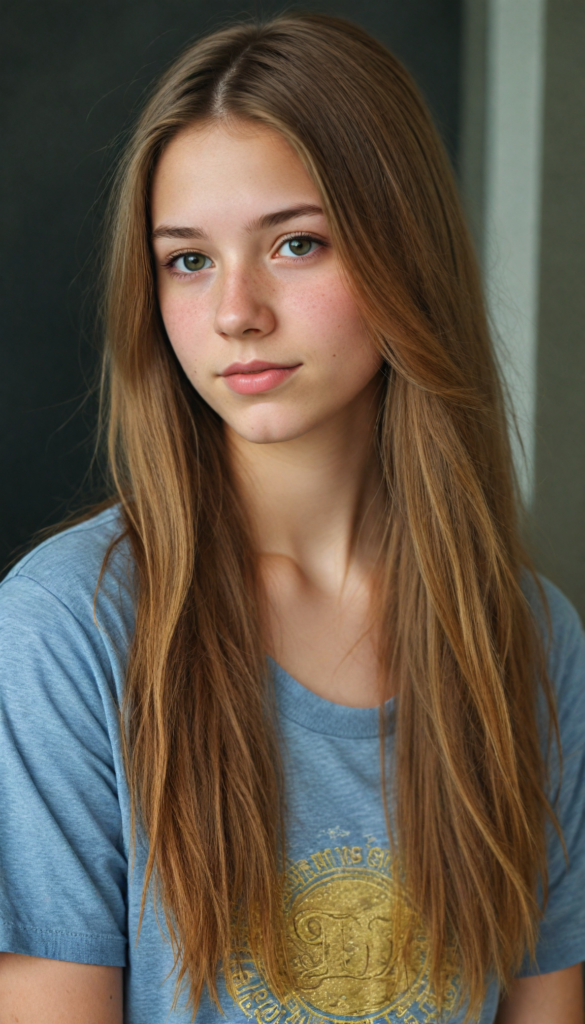 a cute detailed and realistic teen girl, detailed long brown-gold full hair, full portrait, grey t-shirt, (gorgeous) (stunning) (model)