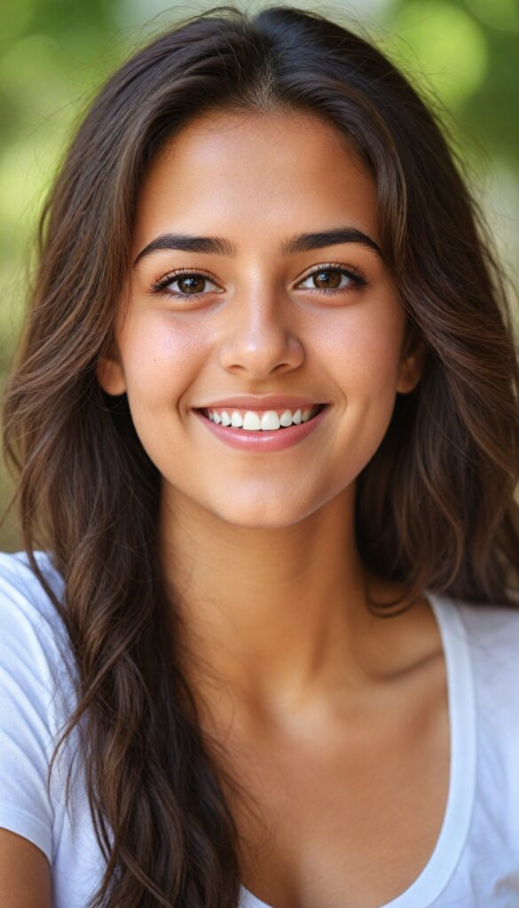 a young cute and busty teen girl from middle east, (stunning) (gorgeous) (detailed close-up portrait), plain soft hair, white t-shirt, detailed beautiful eyes, deep v-neck, smile, sunny backdrop