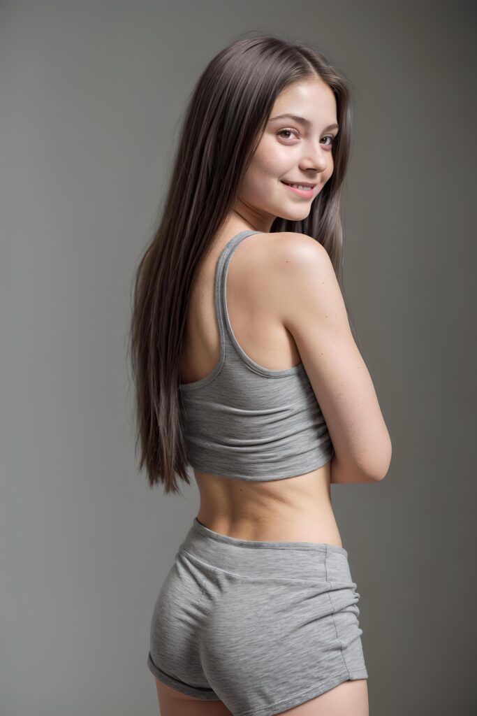 portrait of a cute young girl, wears a grey crop top, smile, long straight hair, perfect curved body, grey short shorts, back view