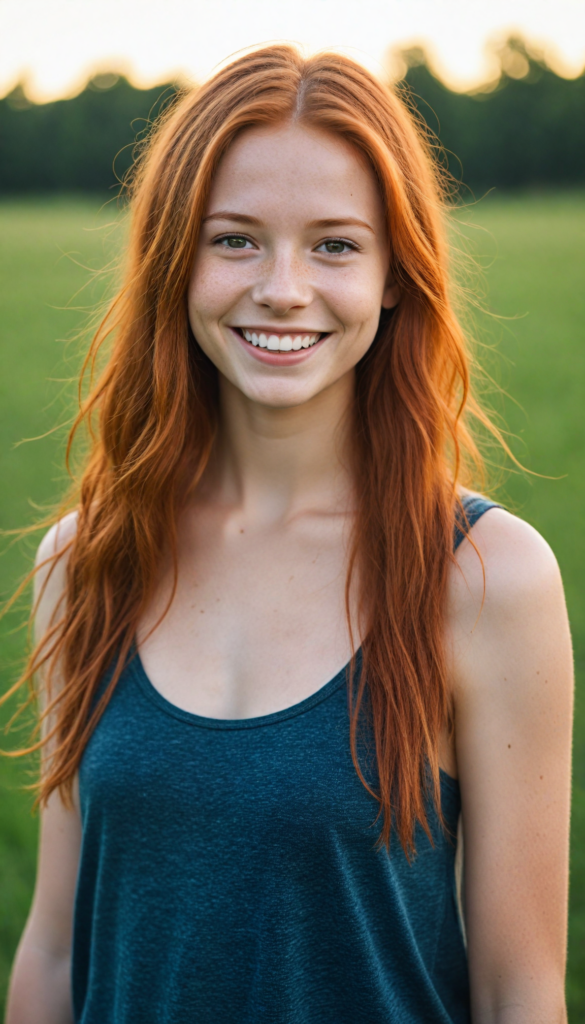 a (cute little red-haired teen girl), straight long hair, smile very happy, stands confidently in a field, she wears a thin tank top, perfect body (perfect portrait)