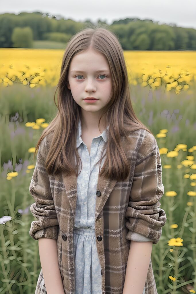 a detailed perfect portrait with pastel colors, young girl, 13 years old, stands in a flower meadow. She wears a ((checkered coat in brown and grey)) and black shirt, she look at the viewer, detailed shiny straight brown hair, blue eyes, round detailed face