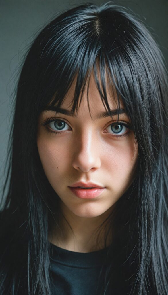 a (breathtakingly realistic upper body portrait), featuring a beautifully photo of a young Emo teen girl with exquisite facial features and striking black eyes, long straight fine black hair, bangs, dressed in a (black coat), (grey background)