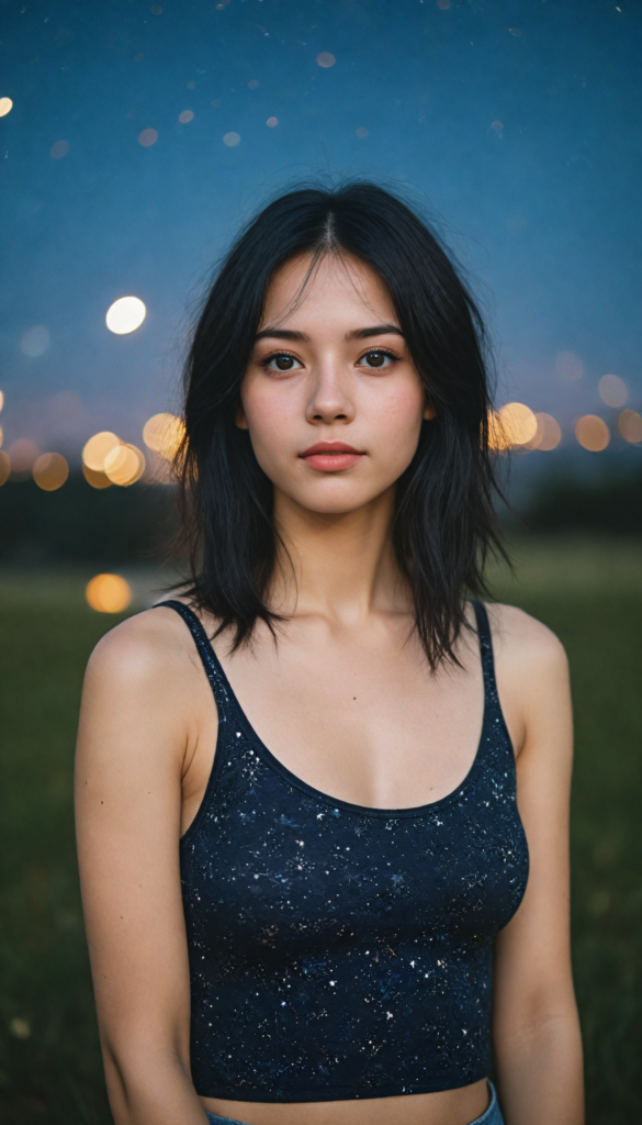 generate a photorealistic upper body image of a (realistically drawn passionate emo girl with long soft black straight hair, wears a short form-fitting cropped tank top, caught in a moment of surprise) featuring intricate details and realistic textures that mimic the look of (amber eyes), paired with a (starry night sky) backdrop. The scene should embody the (passionately emotive style) associated with the name, bringing together the (softly twinkling starlight) and (deeply felt emotional depth) that define this captivating aesthetic