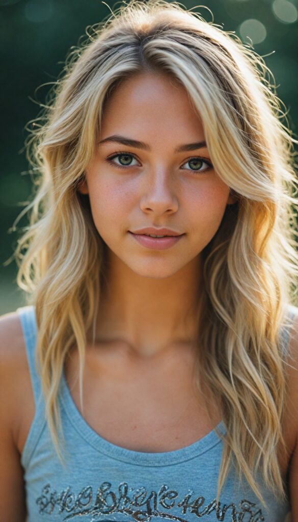 visualize a (tanned tomboy petite Exotic teen girl) with long, (realistically detailed summer blond hair), posed in a (cinematic light setup) for a portrait shot, her face radiant with joy, featuring a (flawlessly detailed round face), a (short form-fitting cropped plain tank top), which beautifully showcases her perfect physique, with (realistic details), such as a (curvy yet toned silhouette), beach in backdrop